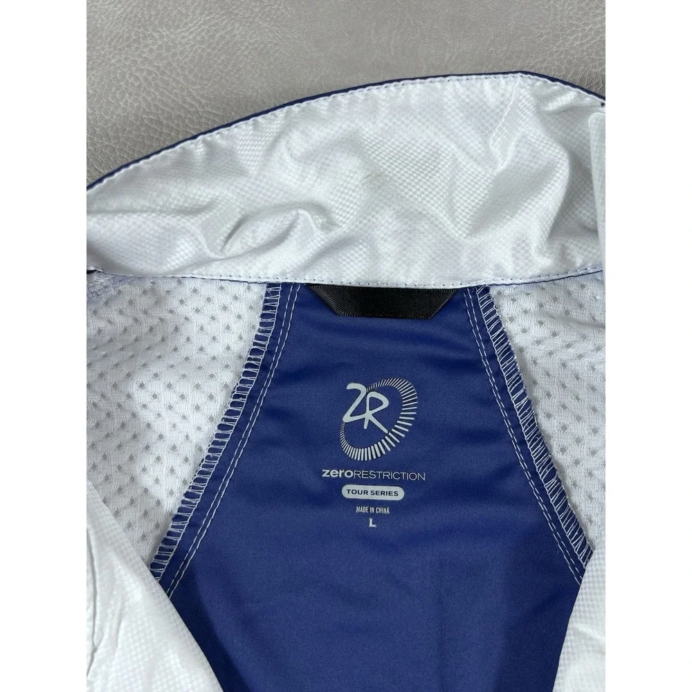 Zero Restriction Windbreaker Jacket Size Large Blue White Half Zip Golf Pullover